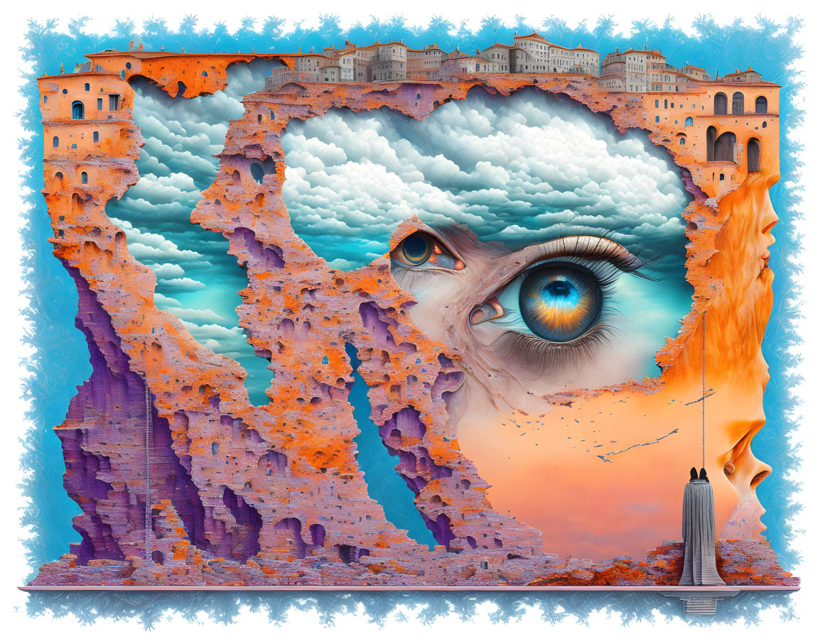 Surreal artwork with giant eye, architecture, rocket, and vibrant sky