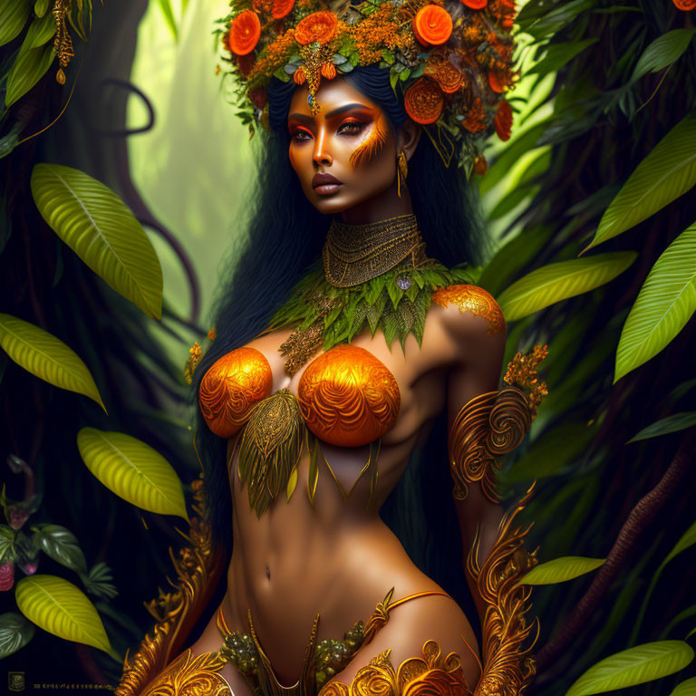 Digital artwork: Woman with orange skin, ornate headdress, orange slice accessories, in lush green