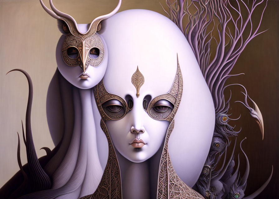 Surreal painting: person with elongated egg-shaped head and intricate mask.