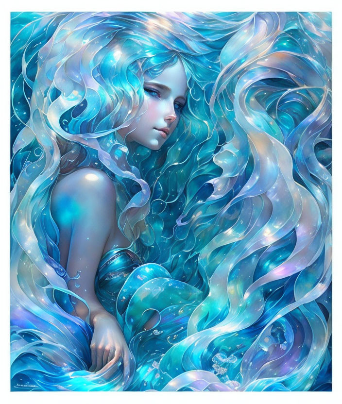 Fantasy illustration: Woman with aqua hair in underwater setting