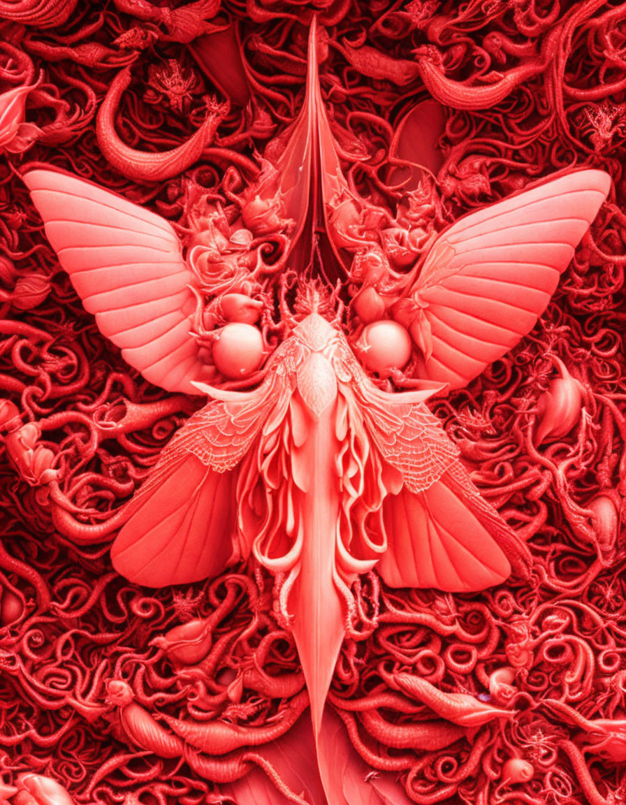 Detailed Red Artwork with Central Moth-Like Figure