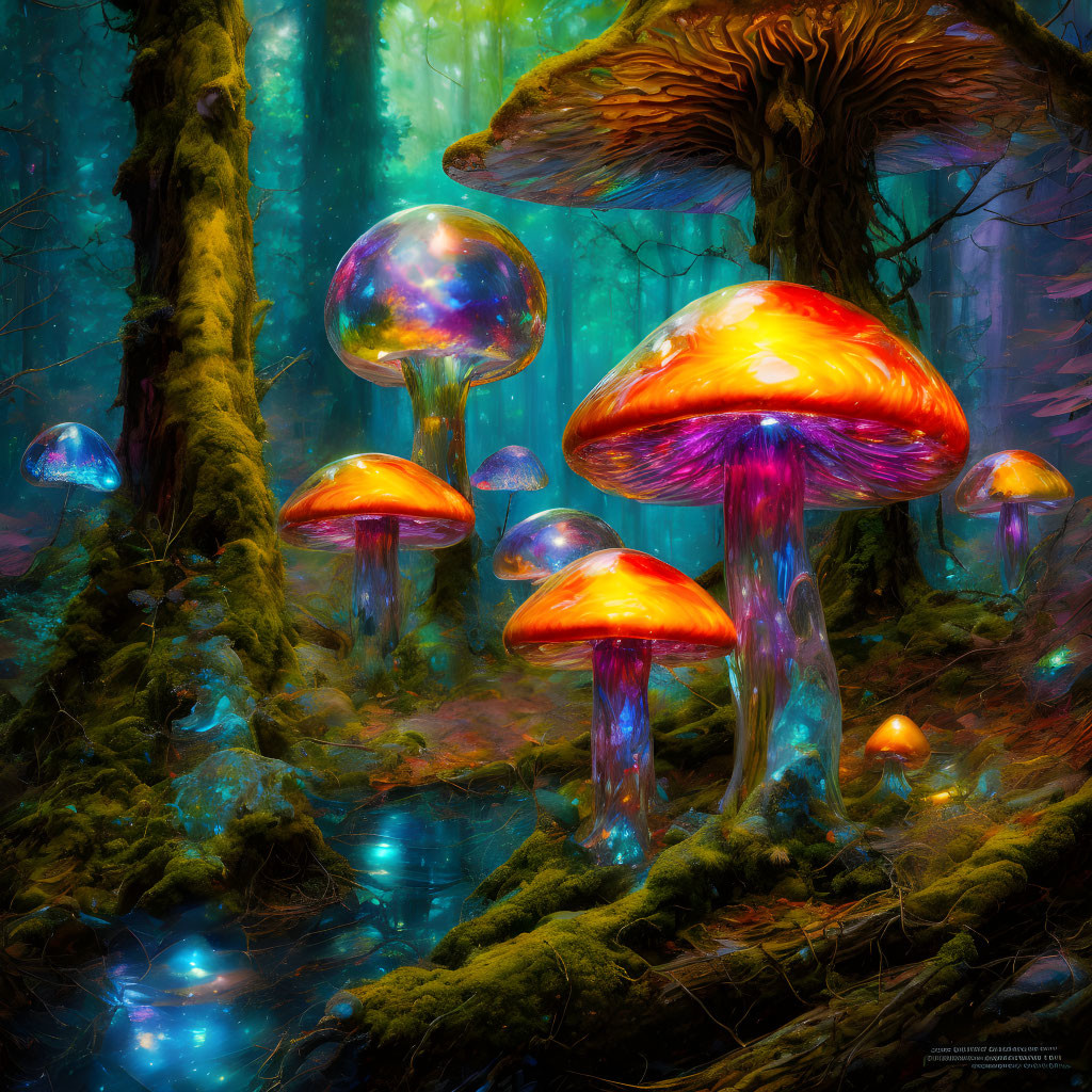 Enchanting forest scene with colorful mushrooms and serene stream