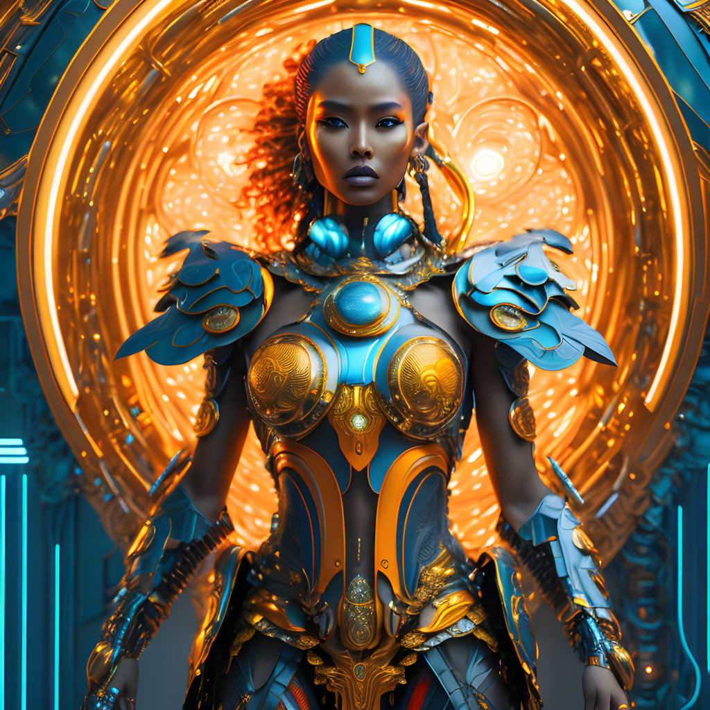 Futuristic warrior woman in gold and blue armor against circular mechanical backdrop