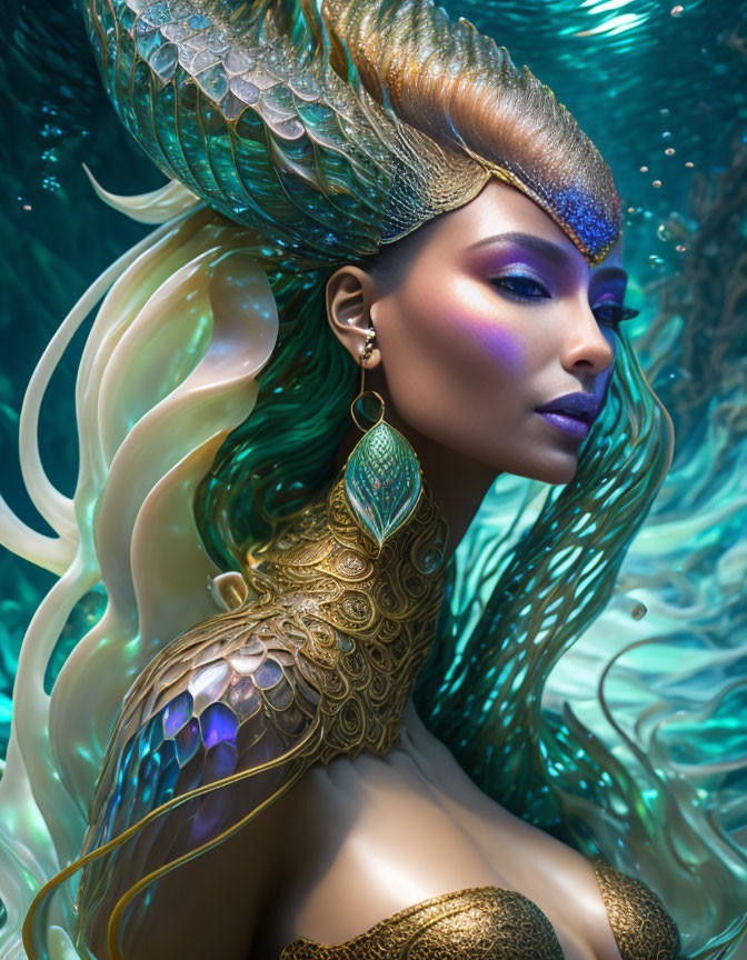 Fantasy image: Woman with aquatic-themed makeup and attire