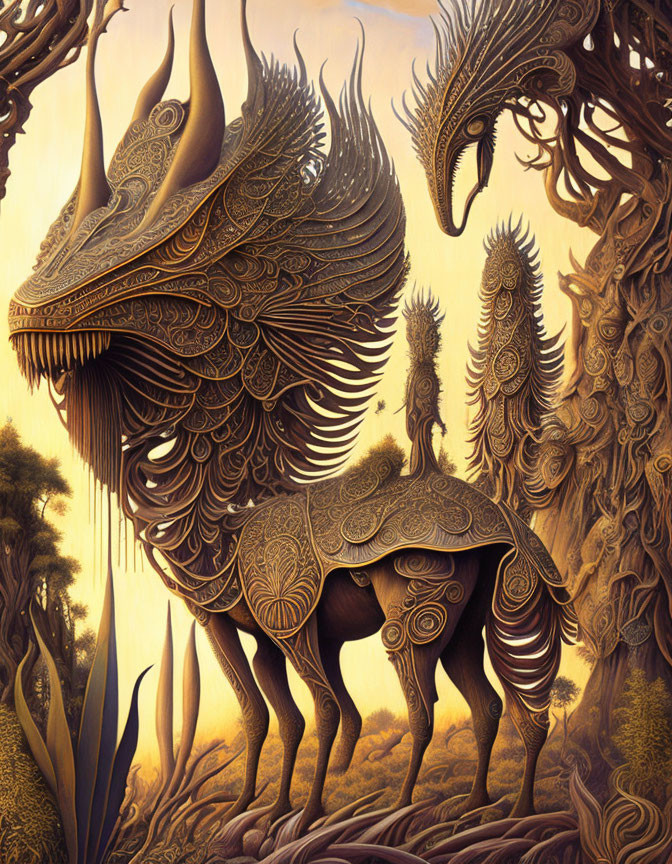 Detailed painting of fantastical horse-like creature in mystical forest