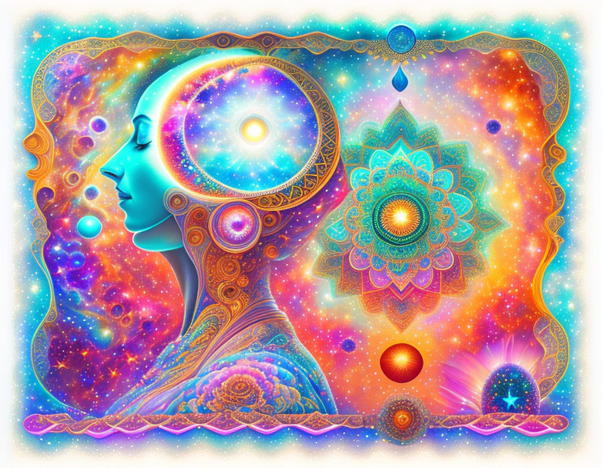 Vibrant Psychedelic Woman Profile with Cosmic and Spiritual Motifs