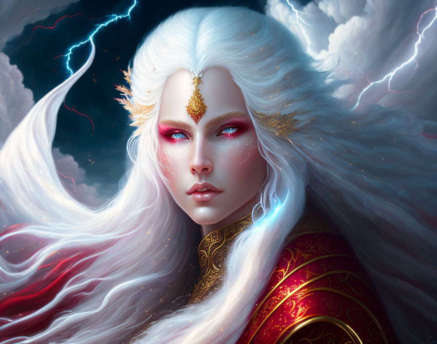 Fantasy Artwork: White-Haired Figure with Red Eyes and Golden Adornments in Cloudy