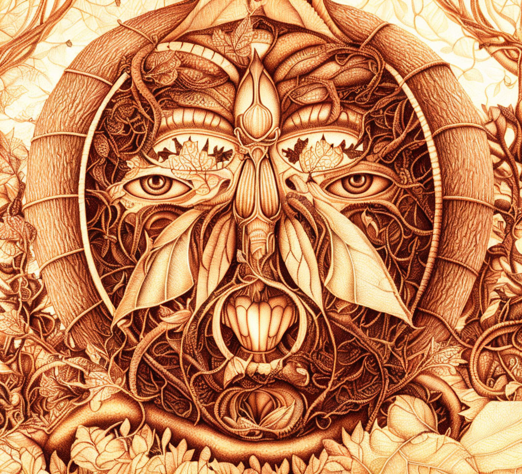 Symmetrical face line drawing with floral patterns in warm tones