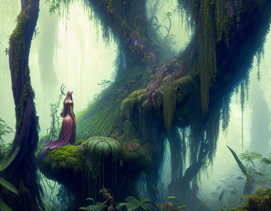 Mystical forest scene with lush greenery, mist, person in pink gown, ethereal lights