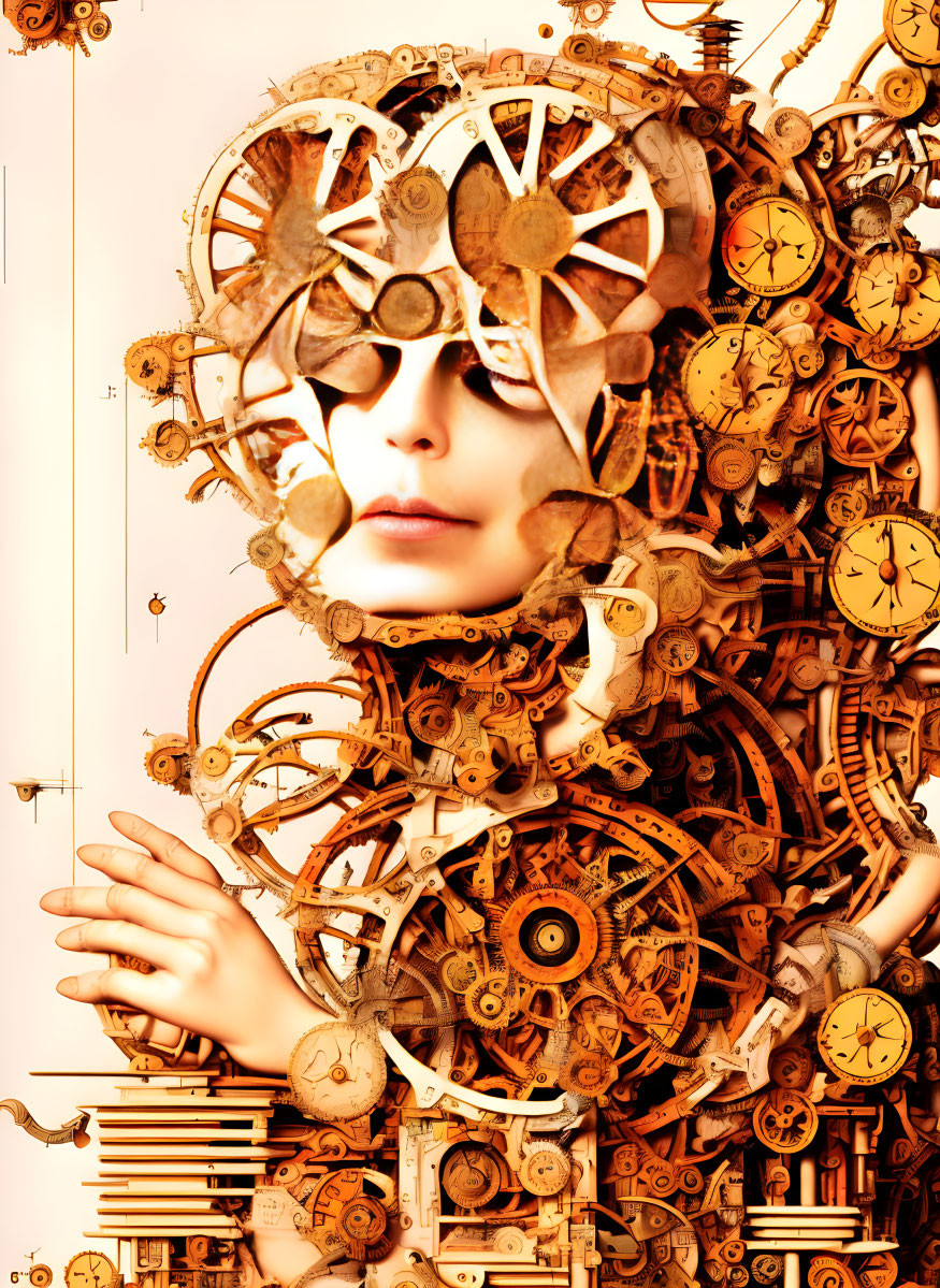 Surreal portrait blending human face with clockwork gears