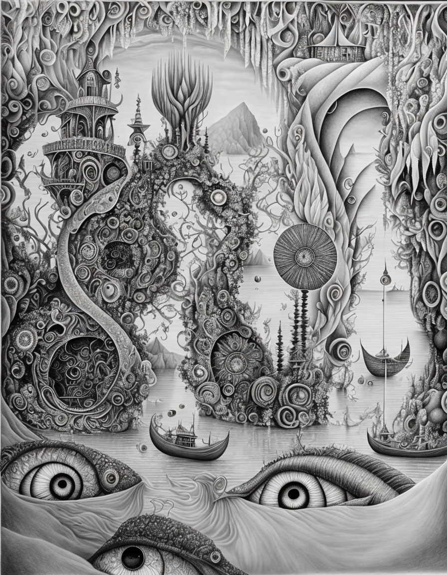 Monochromatic surreal artwork: architectural elements, nature, eyes, intricate patterns