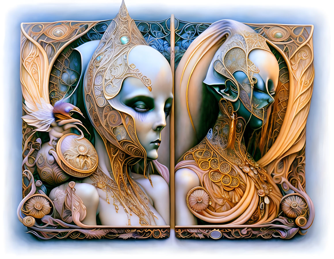 Fantastical digital artwork: Ornate elf-like figures in surreal setting