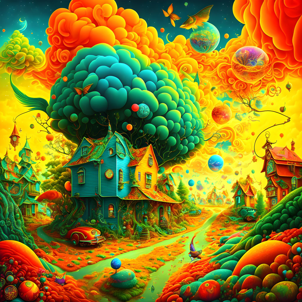 Colorful surreal landscape with whimsical houses and floating fish