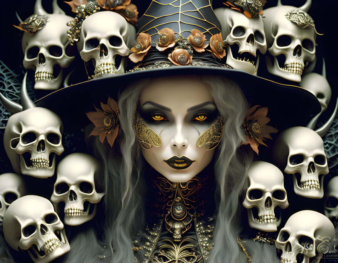 Gothic portrait with skull makeup, spider web hat, and dark jewelry