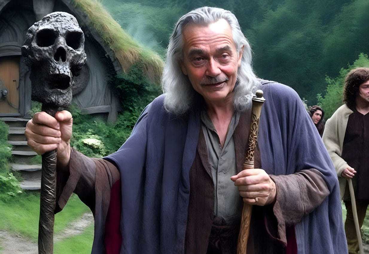 Elderly Man in Medieval Wizard Costume Holding Skull Amidst Greenery