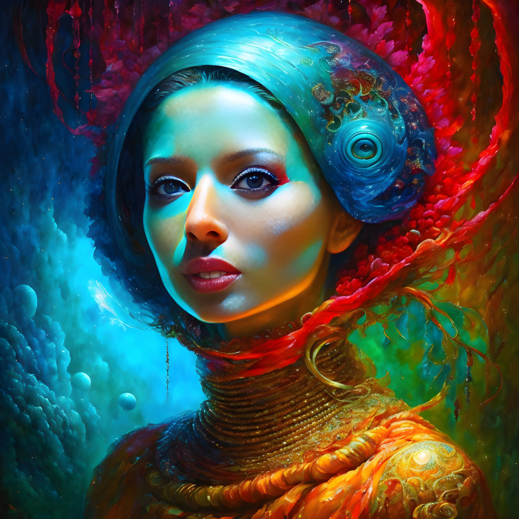 Colorful portrait of a woman with blue hair in swirling patterns of blue, red, and gold.