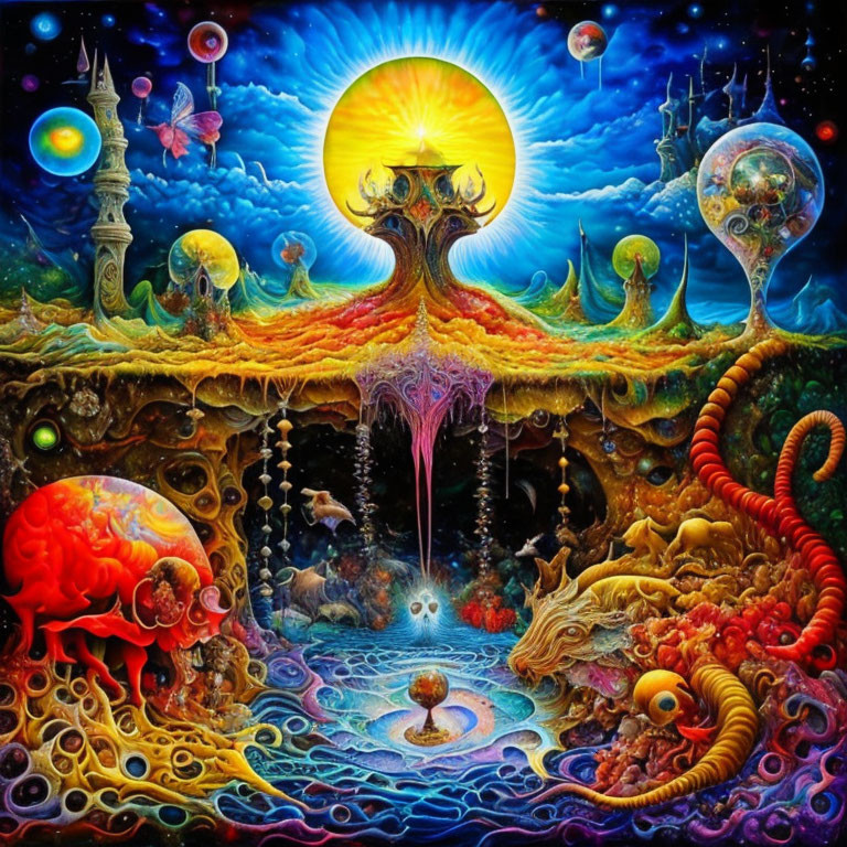 Colorful Psychedelic Artwork: Central Sun, Fantastical Creatures, Octopus, Aqu