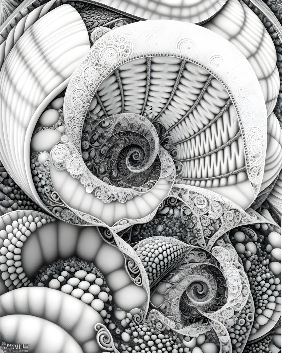 Intricate Monochrome Fractal Art with Swirling Patterns