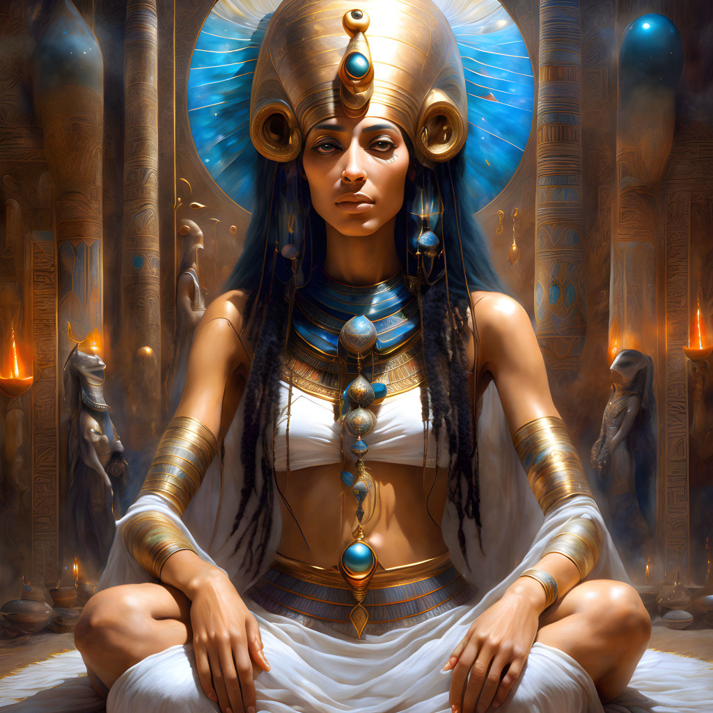 Digital artwork: Woman as Egyptian queen in throne room with hieroglyphs.