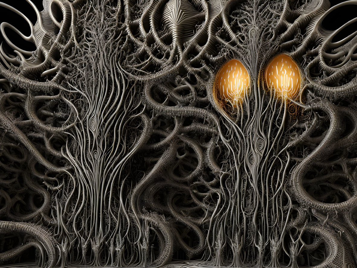 Detailed Fractal Design with Tree-like Structures and Glowing Orbs