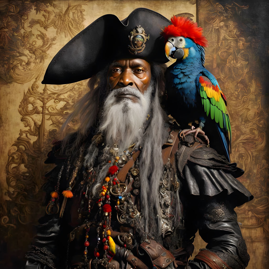 Elderly man in pirate costume with parrot on shoulder