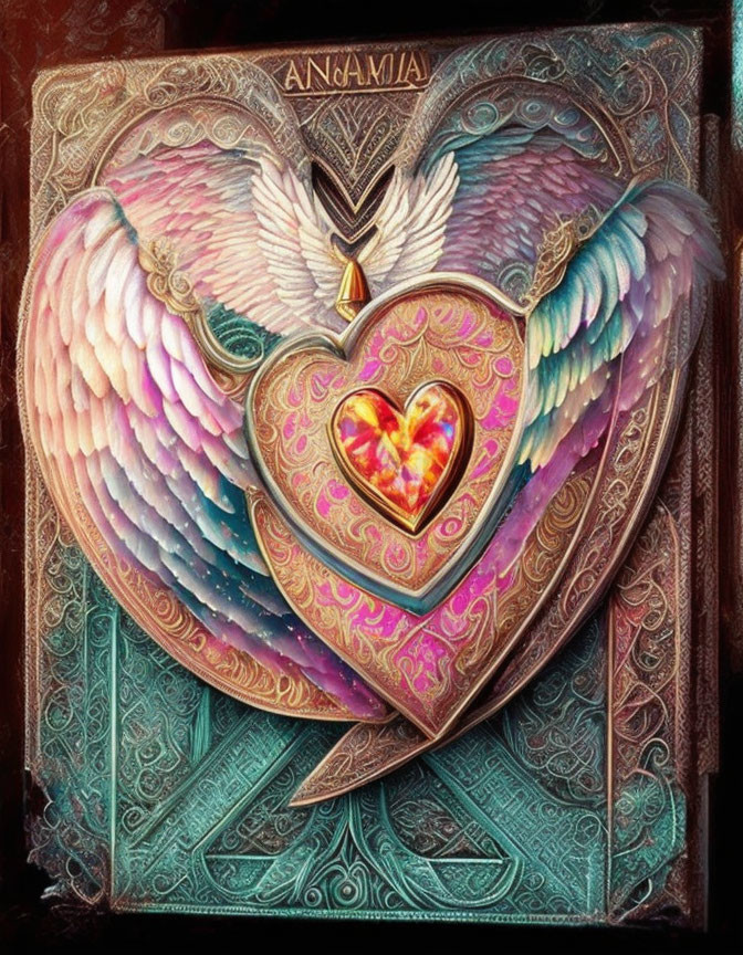 Colorful digital artwork of a heart with wings and intricate patterns on ornate background