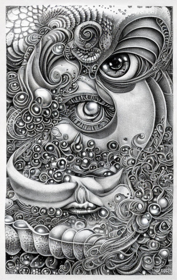 Intricate black and white doodle with swirling patterns and textured elements