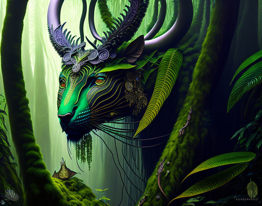 Mystical green and blue creature with elaborate antlers in lush forest