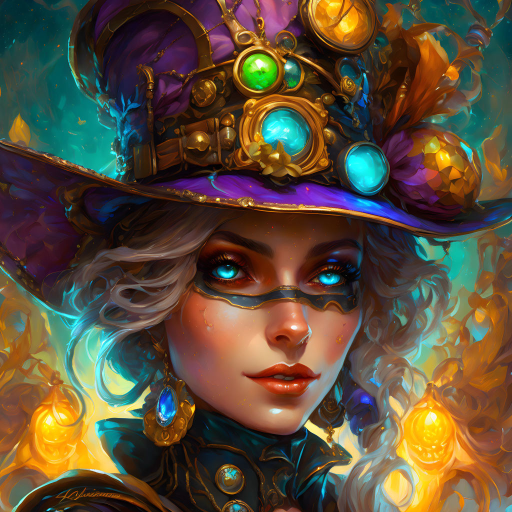 Fantasy illustration of woman with blue eyes in steampunk hat with gems and glowing gears.