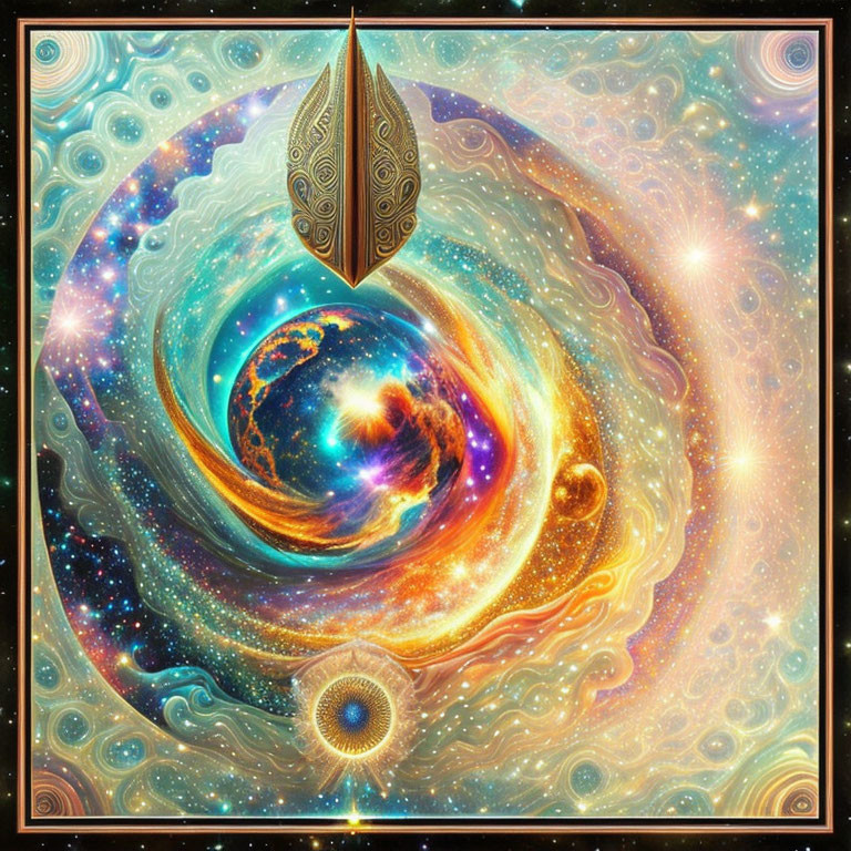 Colorful digital artwork of cosmic scene with swirling patterns and celestial bodies.