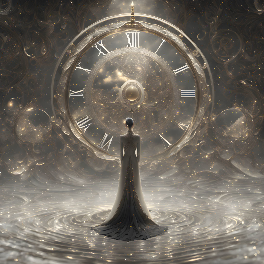 Person standing before large ornate clock in mystical setting.