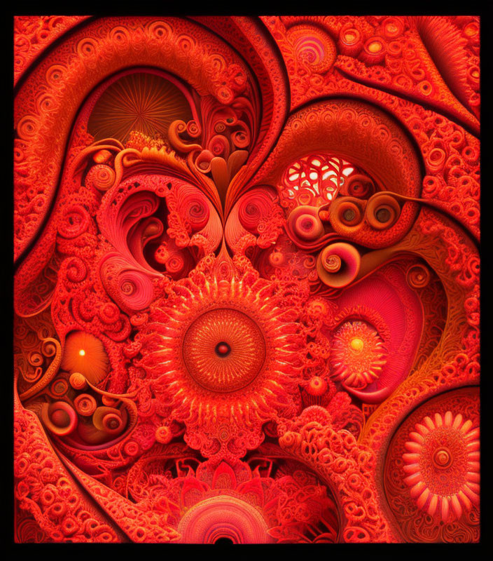 Detailed Red Fractal Design with Swirling Patterns and Circular Motifs