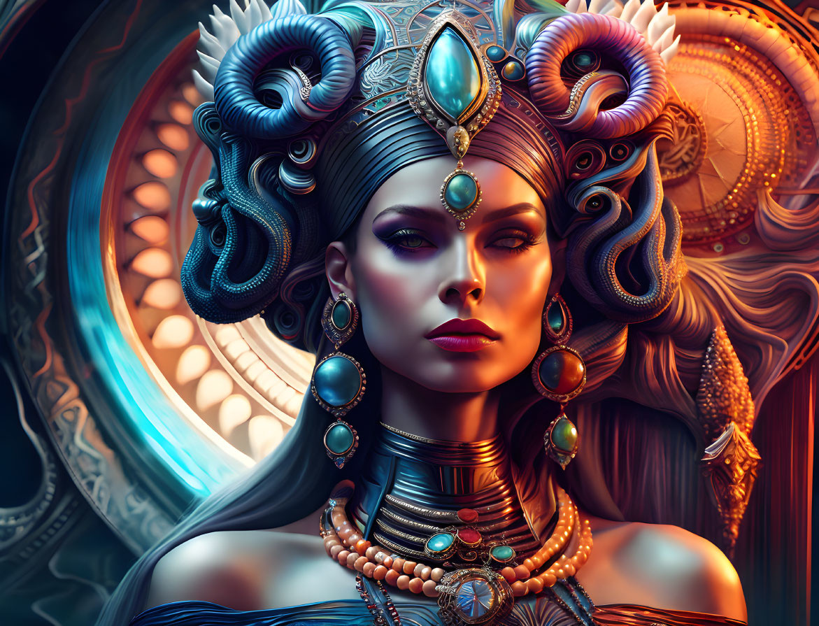 Detailed digital art portrait of a woman with ornate headdress and jewelry in vibrant blues and golden tones