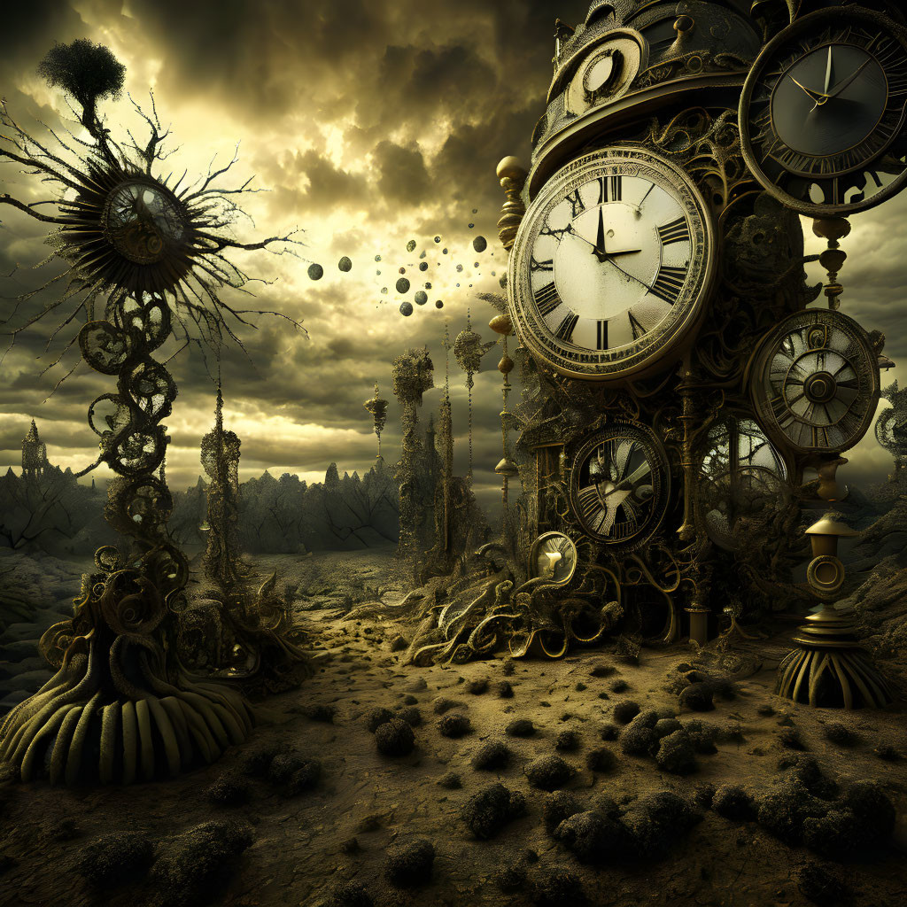 Surreal landscape with oversized clock, fantastical plants, and floating orbs