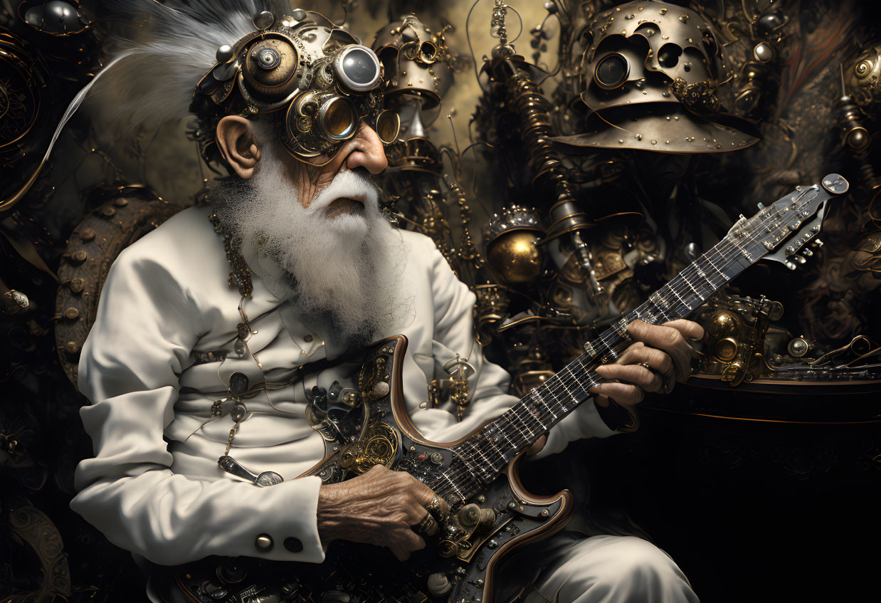 Elderly man in steampunk attire plays custom guitar among metallic gears