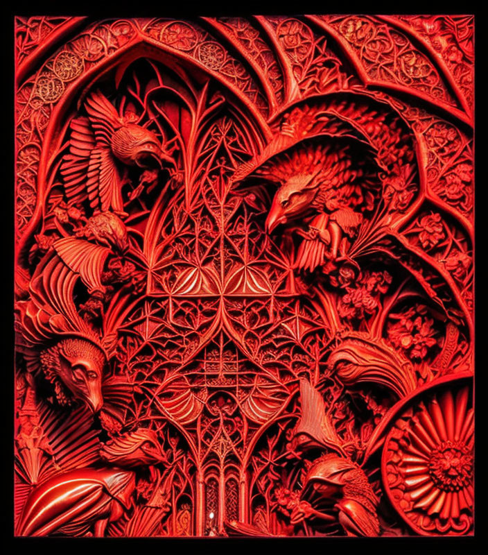 Detailed Red Gothic Bas-Relief with Floral Patterns & Mythical Creatures