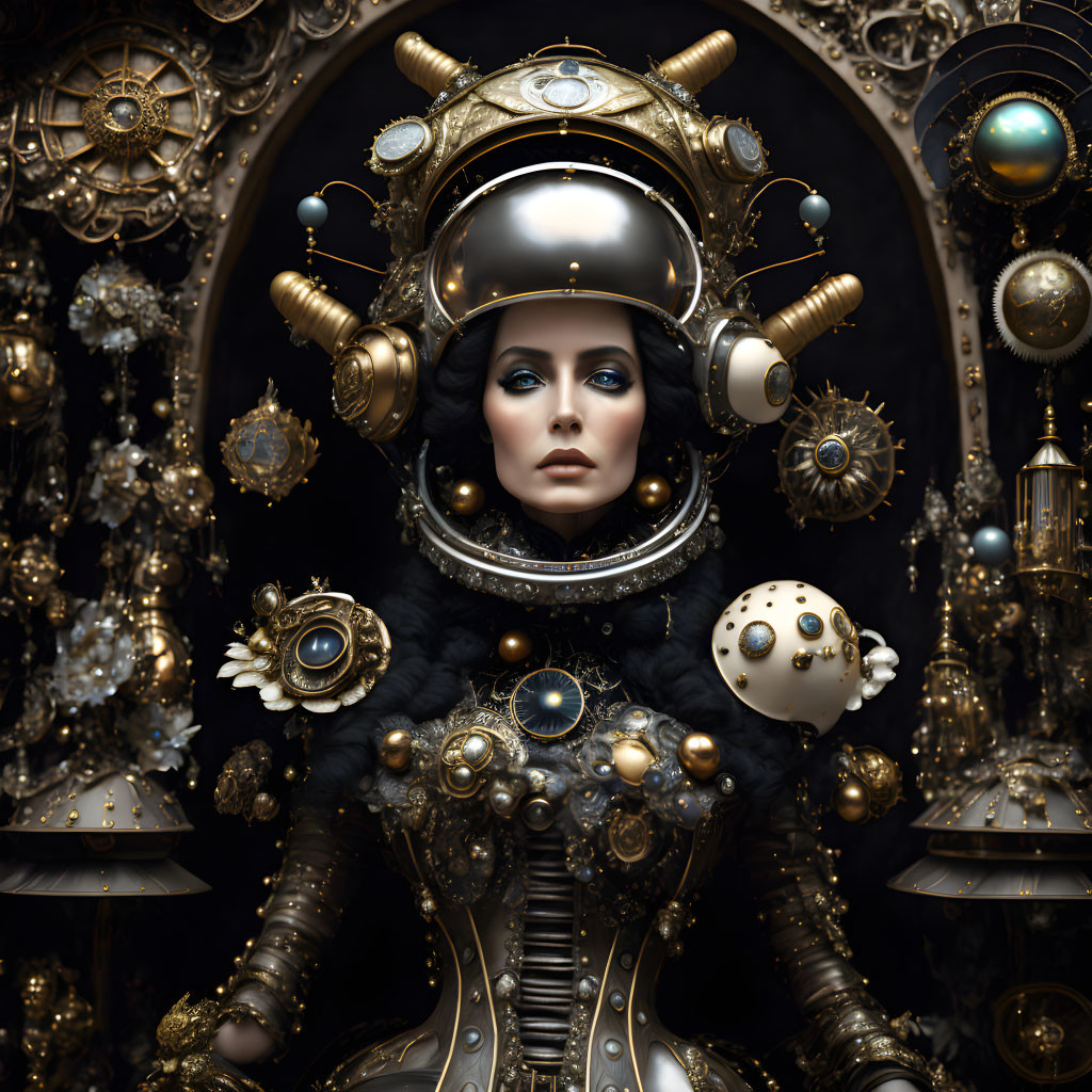 Steampunk astronaut woman in ornate suit with brass details and clockwork elements against intricate gear background