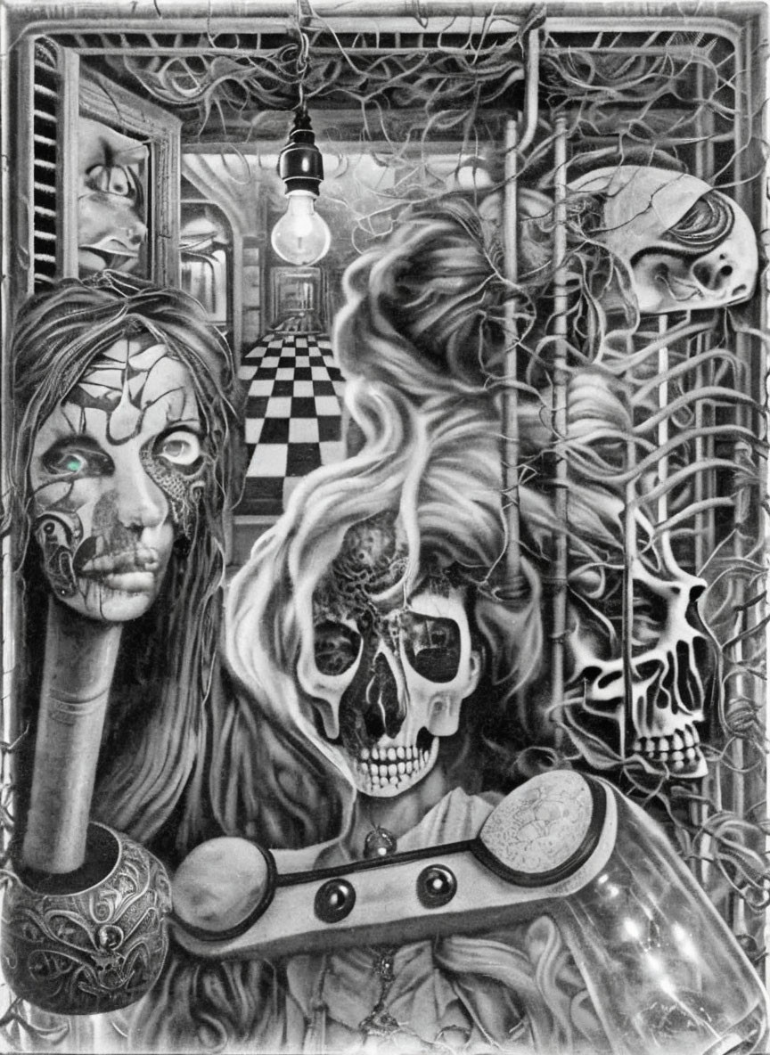 Surreal black and white drawing of woman's face among skulls and wires