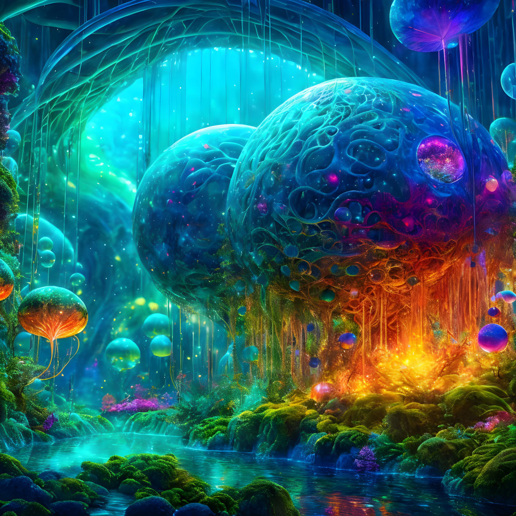 Vibrant alien landscape with glowing flora and floating orbs