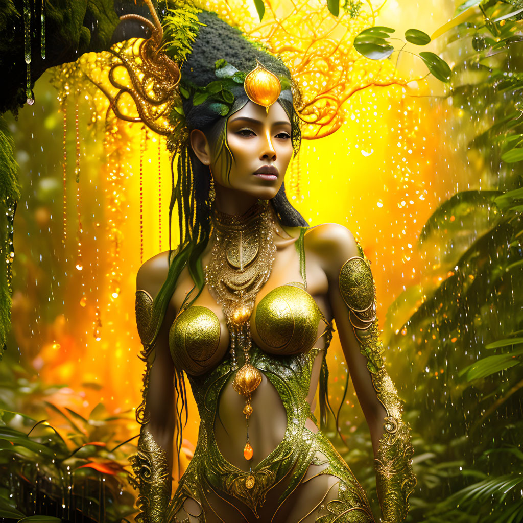 Woman in ornate golden armor in lush forest with glowing light