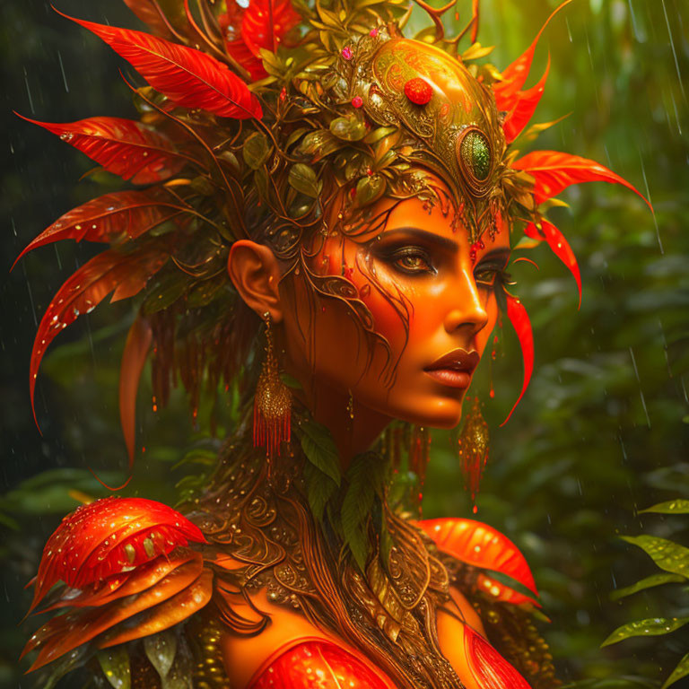 Woman adorned with vibrant autumnal foliage in rain-soaked tropical setting