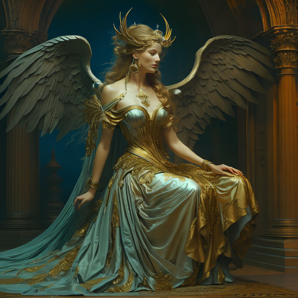 Regal woman in gold and blue gown with angelic wings and crown.