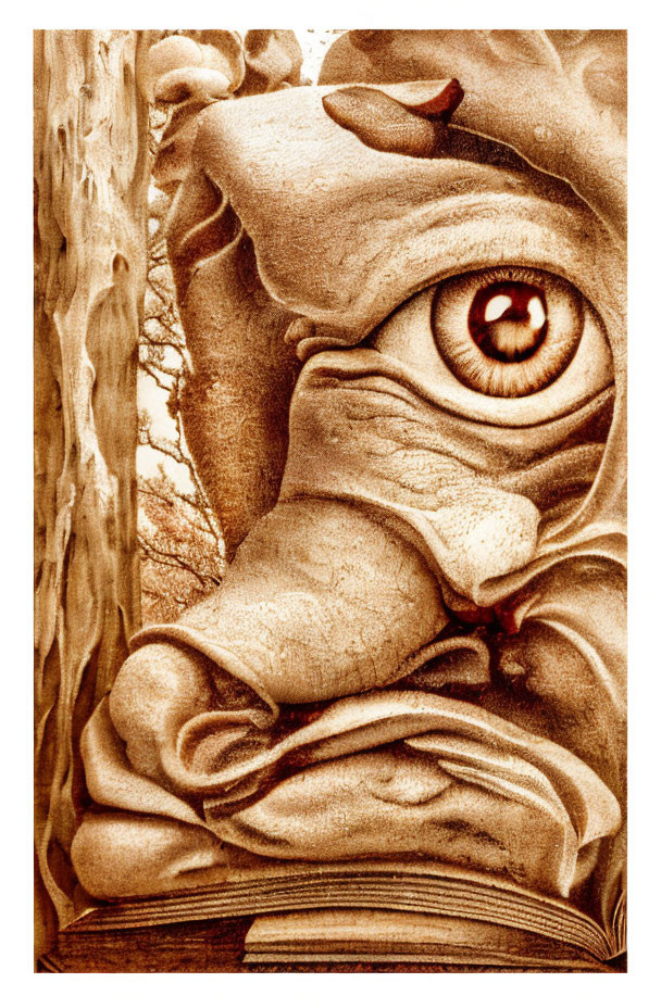 Sepia mythical creature illustration with prominent eye, tree, and book