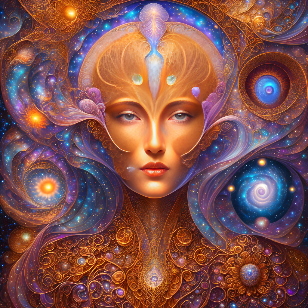 Surreal portrait blending woman's face with cosmic patterns in warm hues