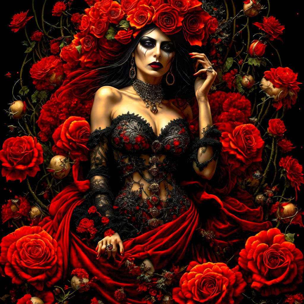 Woman in Red and Black Gothic Dress with Roses and Striking Makeup