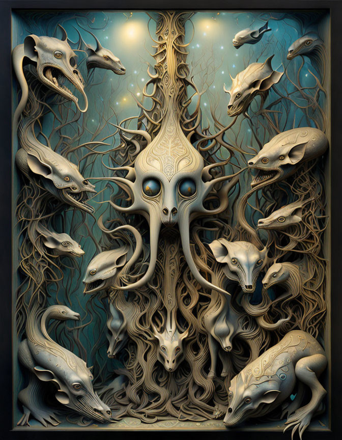 Surreal artwork with central figure, multiple eyes, fantastical creatures, tree-like structures, star