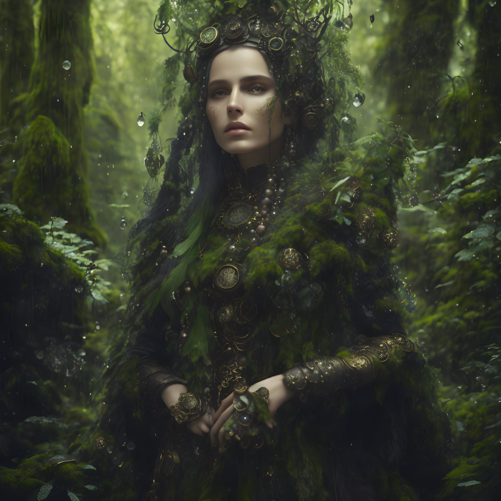 Mystical woman in forest-themed attire blending into lush green woodland