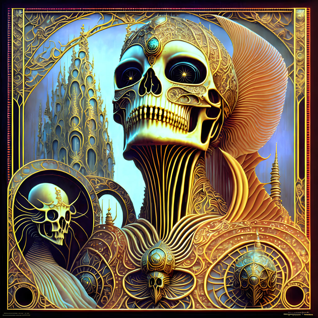 Surreal golden skull with intricate designs in fantastical setting