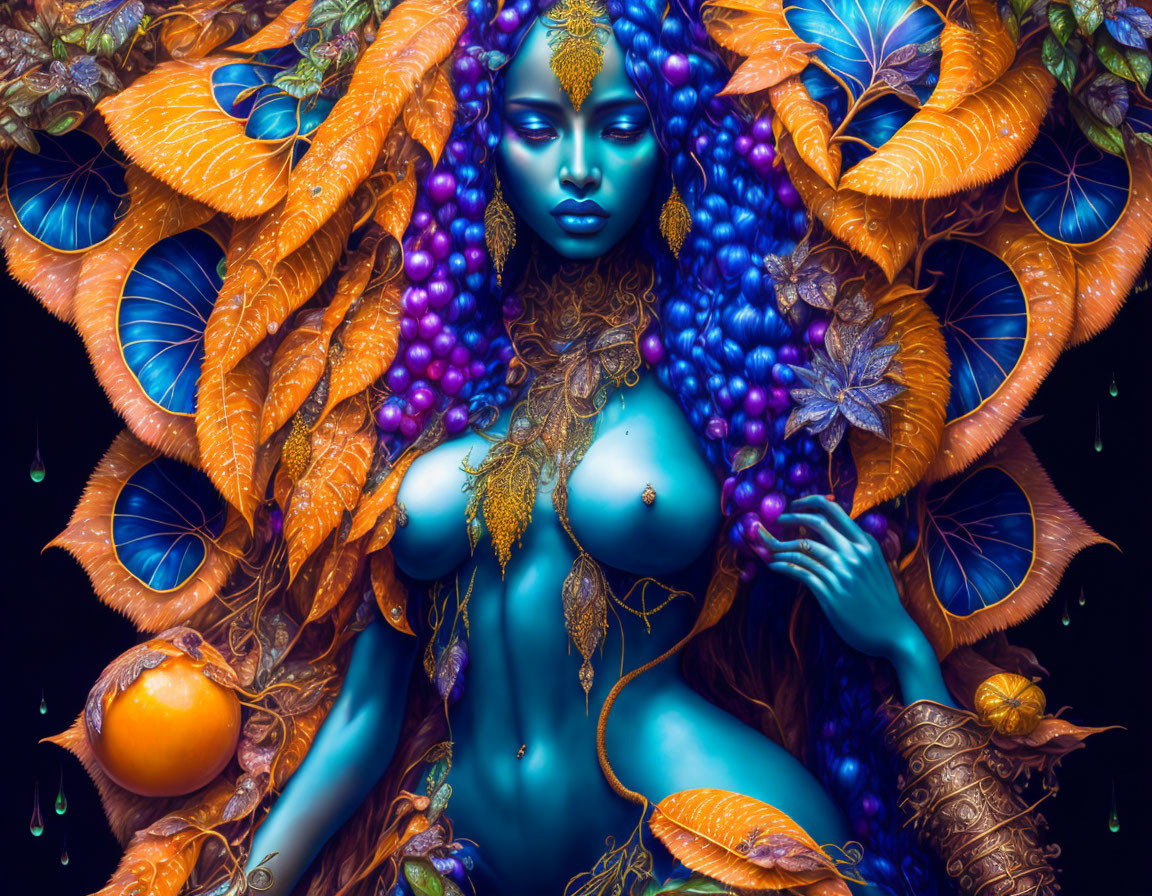 Blue-skinned female figure with orange leaves and gold patterns in vibrant artwork