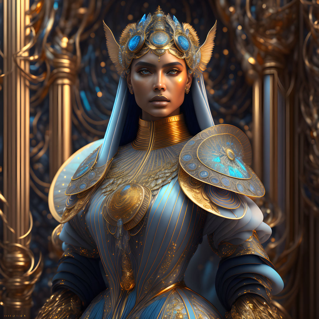 Regal Figure in Gold and Blue Armor with Crown and Gemstones